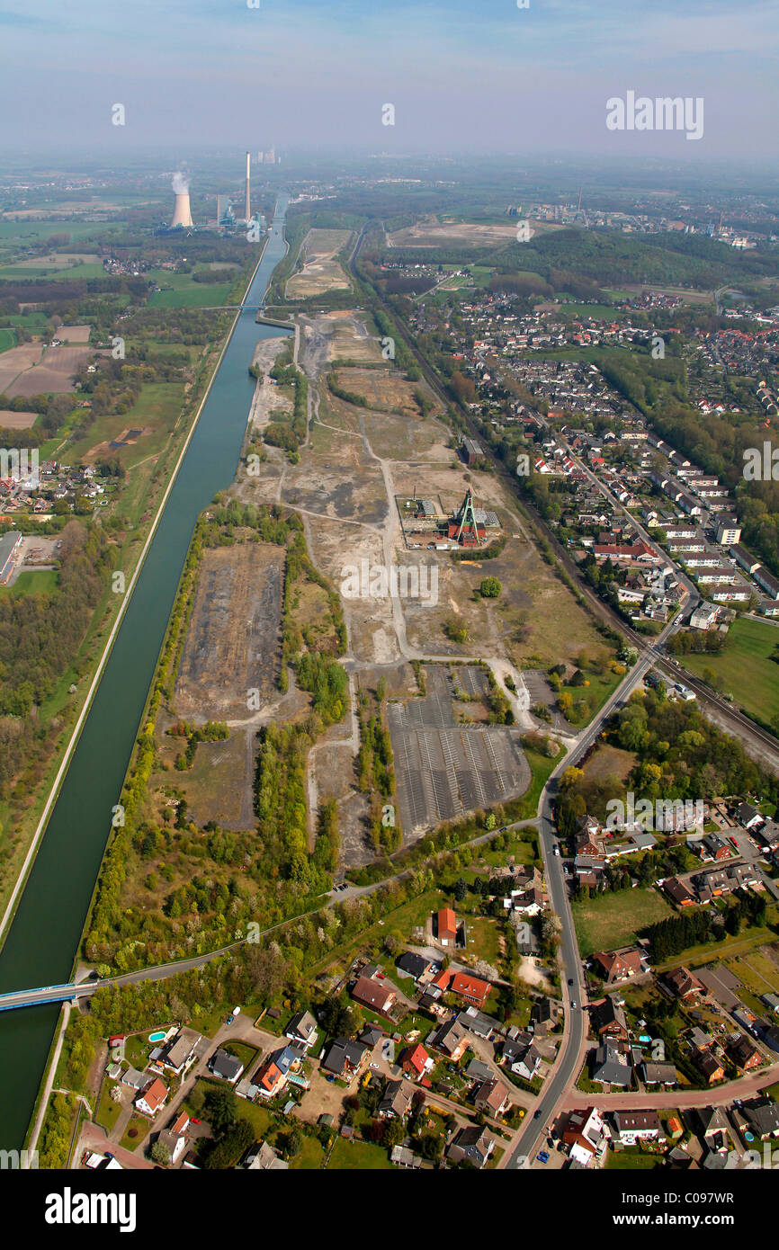 Luftaufnahme, industrielle Ruinen, der ehemaligen Zeche Minister Achenbach Kohlenbergwerk, Datteln-Hamm-Kanal, Bergkamen, Ruhrgebiet Stockfoto
