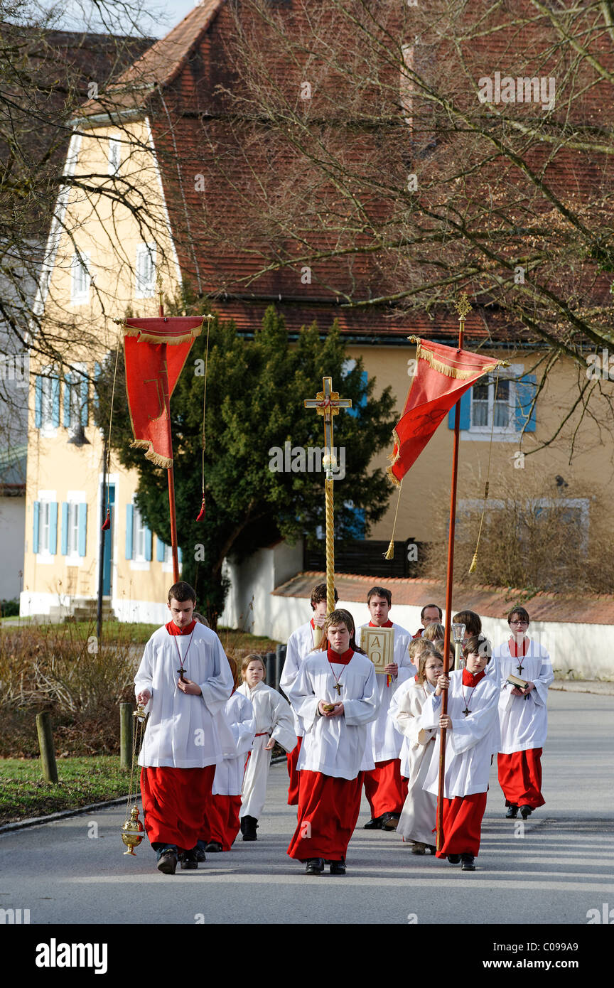 Palm-Sonntag Prozession, Bad Heilbrunn, Loisachtal, Oberbayern, Deutschland, Europa Stockfoto