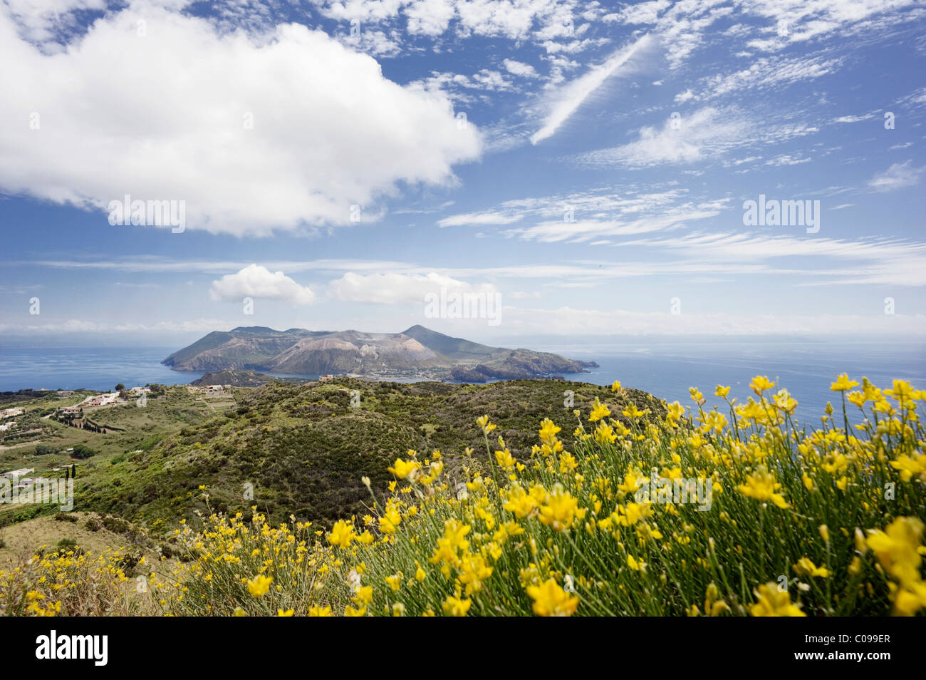 Blühender Ginster (genista) auf der Insel Lipari, am Horizont die Insel Vulcano, Sizilien, Italien, Europa Stockfoto