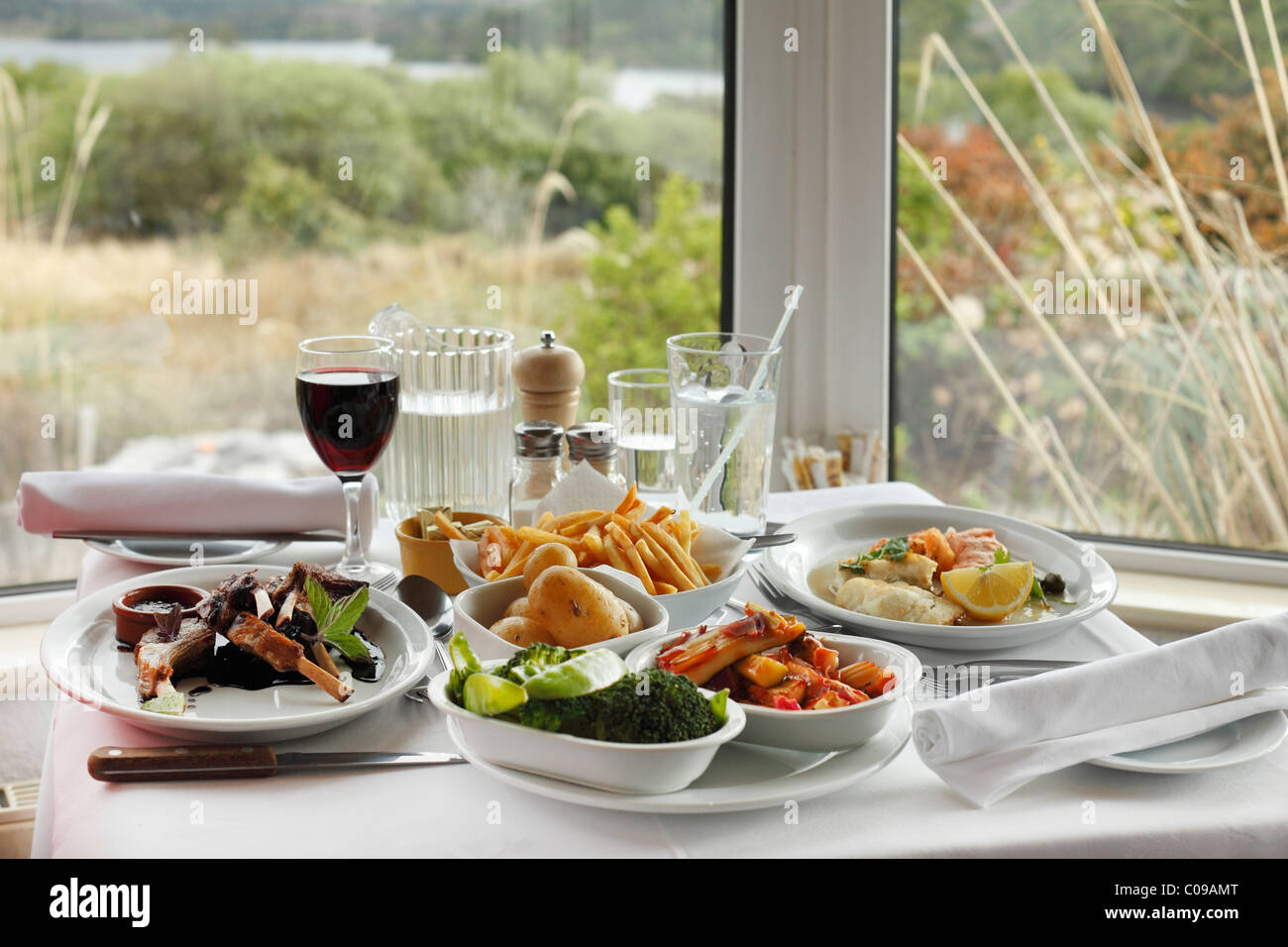 Abendessen mit Lammkoteletts und Rotwein, Josie Lakeview House, Beara Halbinsel, County Kerry, Irland, britische Inseln, Europa Stockfoto