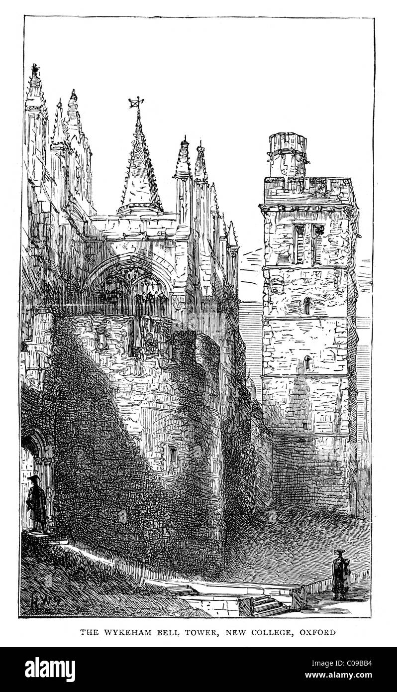 Vintage Gravur von Wykeham Bell Tower New College in Oxford im 19. Jahrhundert Stockfoto