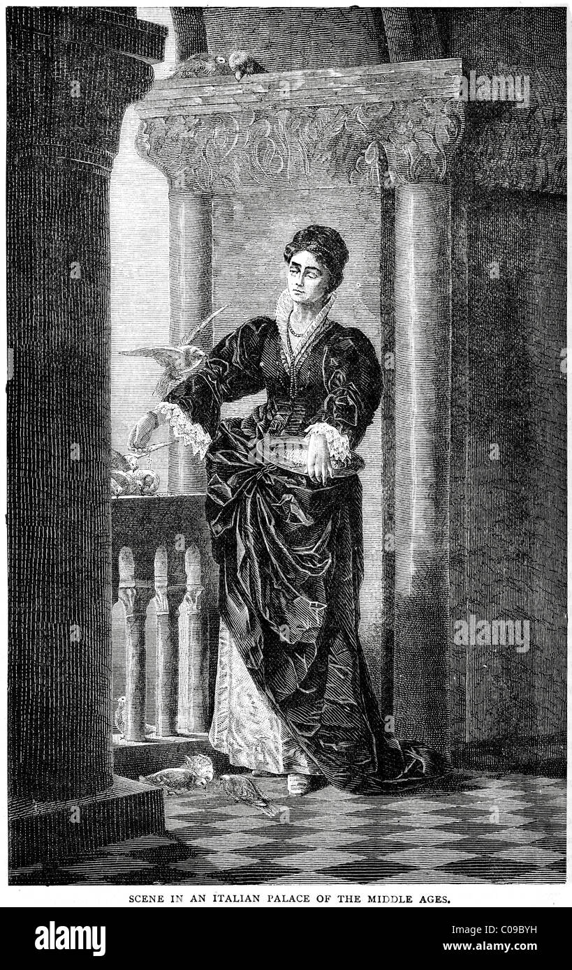 Eine junge Frau in einem italienischen Palast im Mittelalter Stockfoto