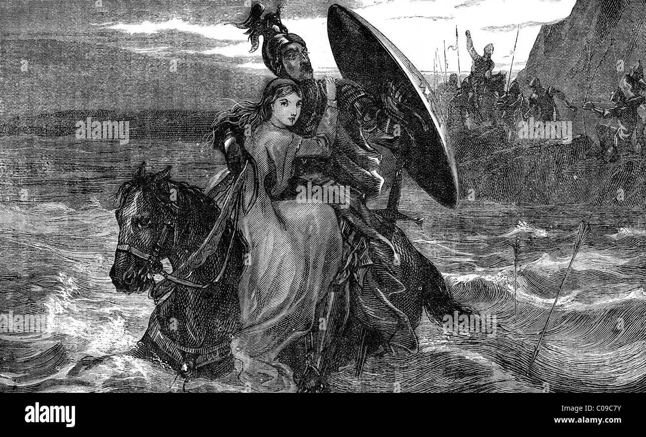 Ein Ritter rettet eine Jungfrau in Nöten Stockfoto