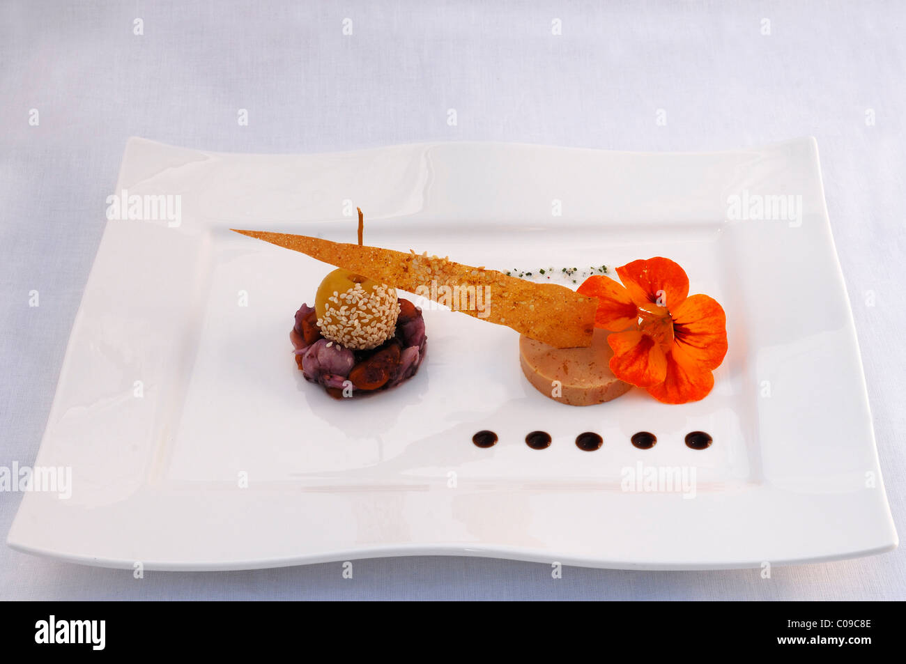 Ente Leber-Terrine mit Ambrosia-Chutney und baby-Apfel, dekoriert mit einer Kapuzinerkresse Blume auf einem weißen Teller, Haute Cuisine Stockfoto