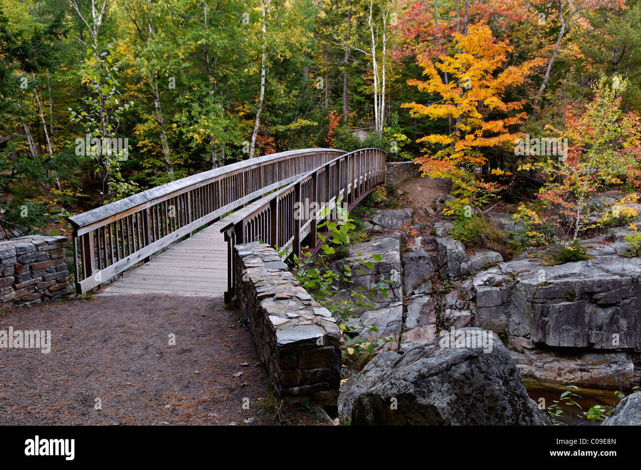 Herbst-Farbe und Fussgängerbrücke über den Swift River am felsigen Schlucht in den White Mountains National Forest in New Hampshire Stockfoto