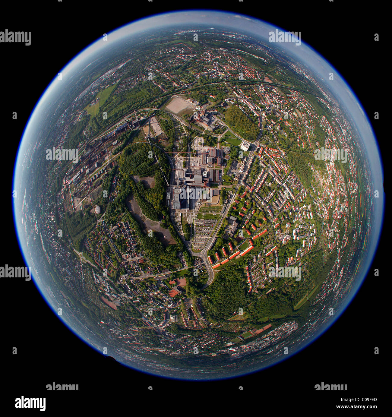 Luftbild, 360-Grad Panorama Grube Bergwerk Zollverein 12, 6, 8, UNESCO-Weltkulturerbe Zollverein 3, 7, 10, Schachtzeichen Stockfoto