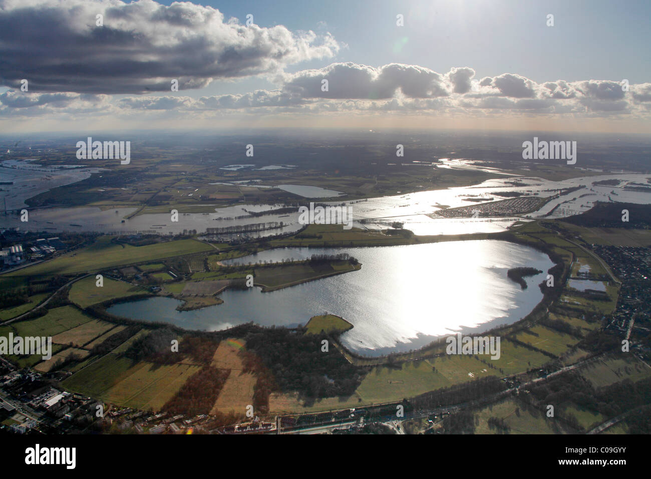 Luftaufnahme, ablassen, Hochwasser, Rhein Flut, Kartaeuser Gravinsel Island, Wesel, Niederrhein-Region, Region Ruhrgebiet Stockfoto