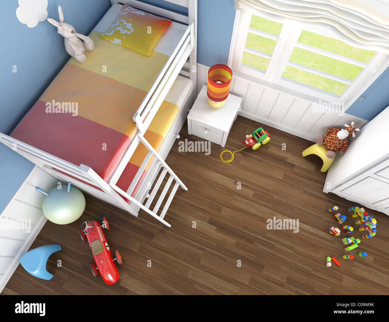 Childre Zimmer im blauen Wand gesehen von oben mit vielen Spielsachen, Etagenbett und Kopie Platz auf dem Fußboden Stockfoto