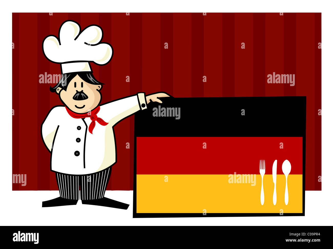 Chef der deutschen Küche. Essen, Restaurant, Menü-Design mit Besteck Silhouette auf die Landesflagge. Gestreiften roten Hintergrund. Vektor zur Verfügung Stockfoto