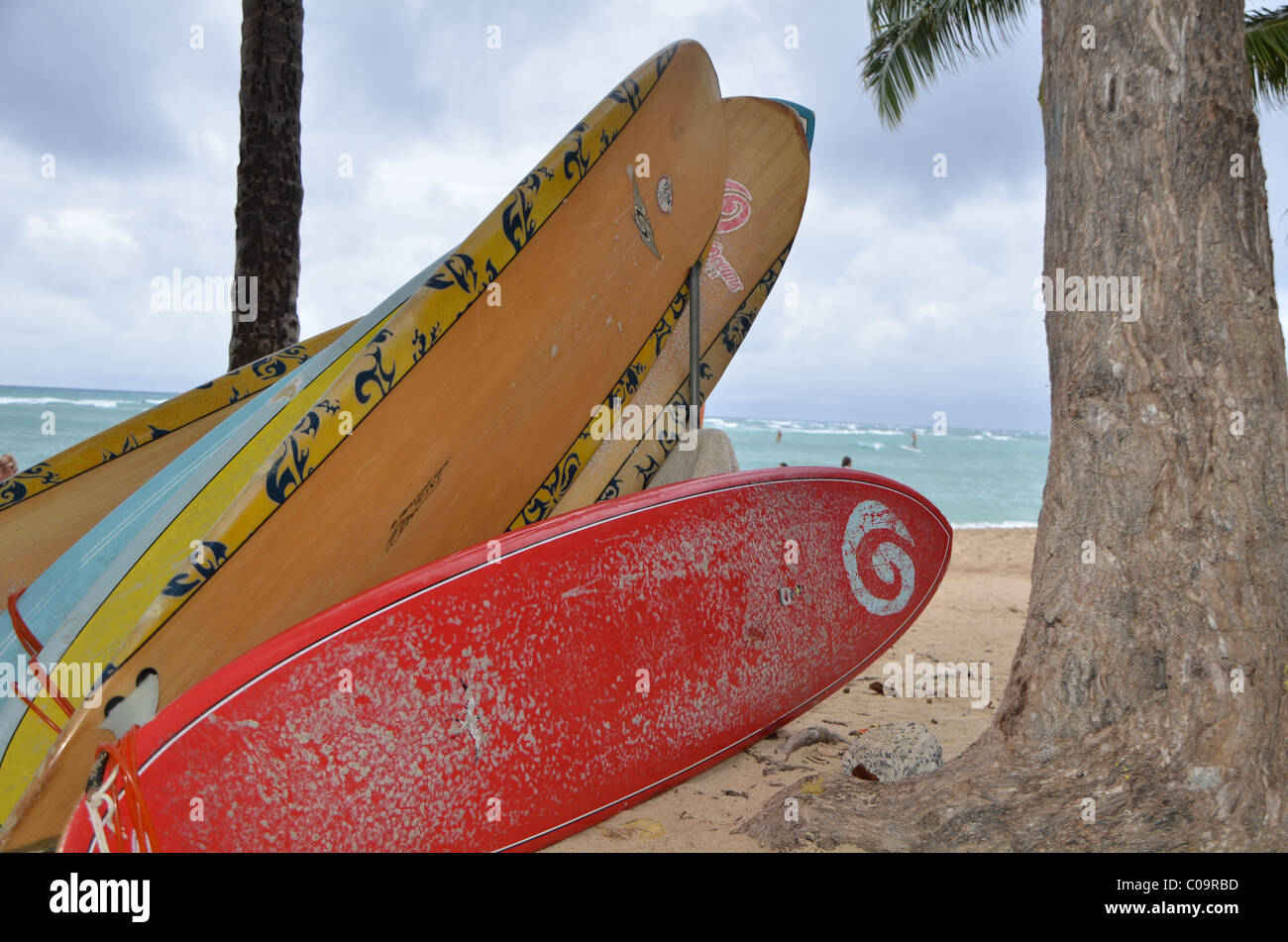 Hawaiianische Surfbretter bereit, auf das Meer. Stockfoto