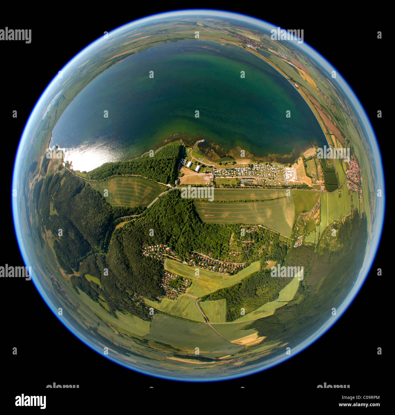 Luftbild, fisheye, Schwimmen See, Campingplatz, Badra, Thüringen, Deutschland, Europa Stockfoto