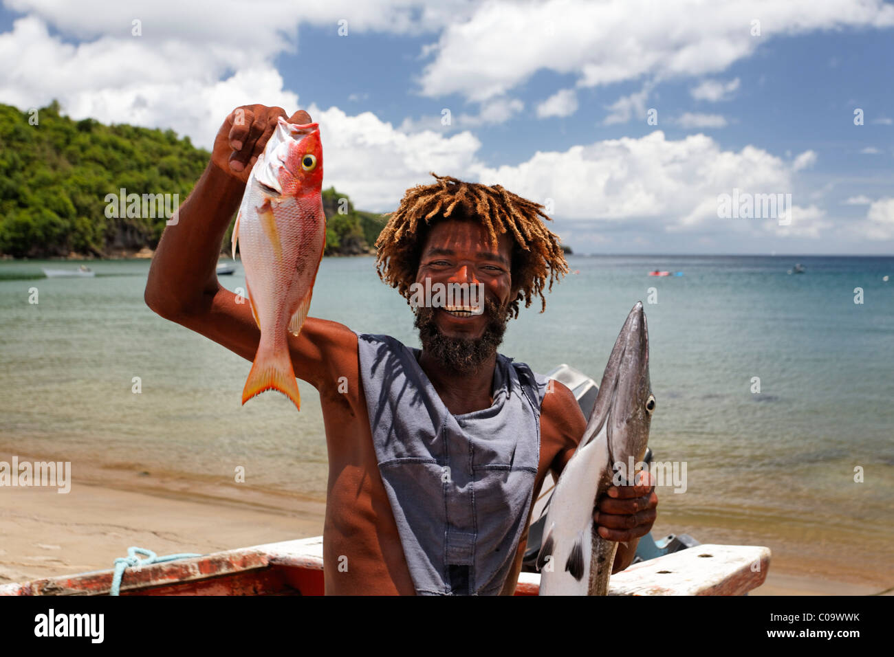 St. Lucian Fischer zeigt stolz seinen Fang des Tages, Barracuda (Spyraena Barracuda) und Schnapper (Lutjanus Stockfoto