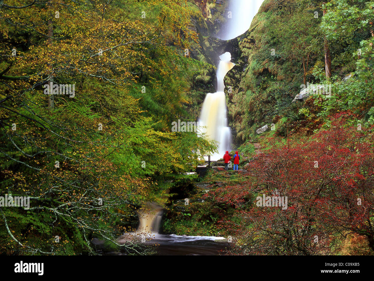 Wanderer am Pistyll Rhaeadr Wasserfall in der Nähe von Welshpool, Powys, Wales, UK Stockfoto