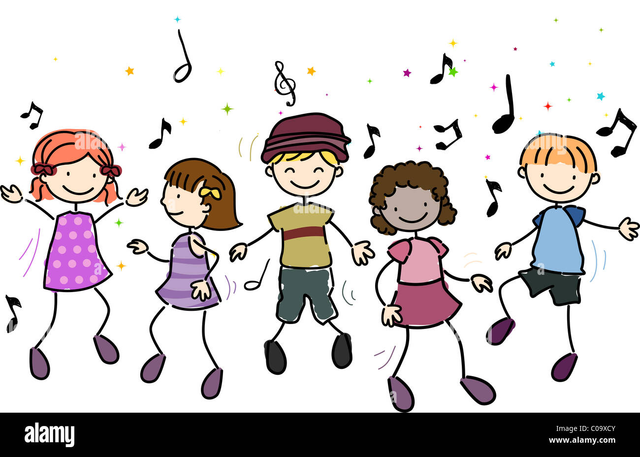 Illustration der Kinder entlang zur Musik tanzen Stockfoto