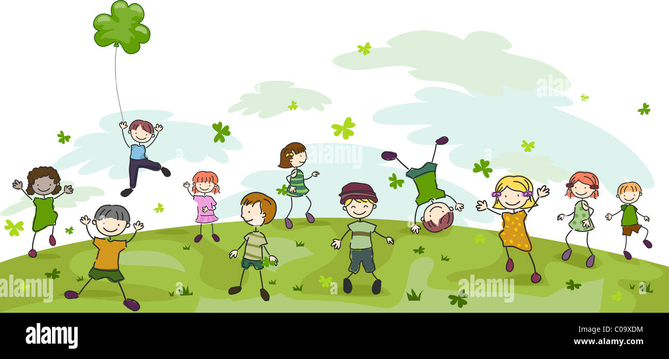 Illustration der Kinder spielen mit Klee Stockfoto