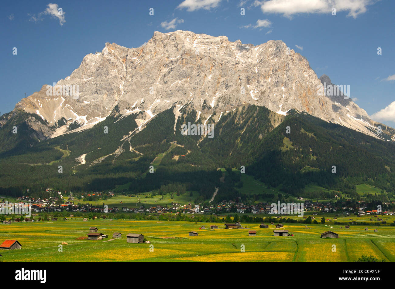 Ehrwalder Becken Tal mit Mt. Zugspitze, Wettersteingebirge Palette, Ehrwald, Zugspitzarena, Tirol, Österreich, Europa Stockfoto