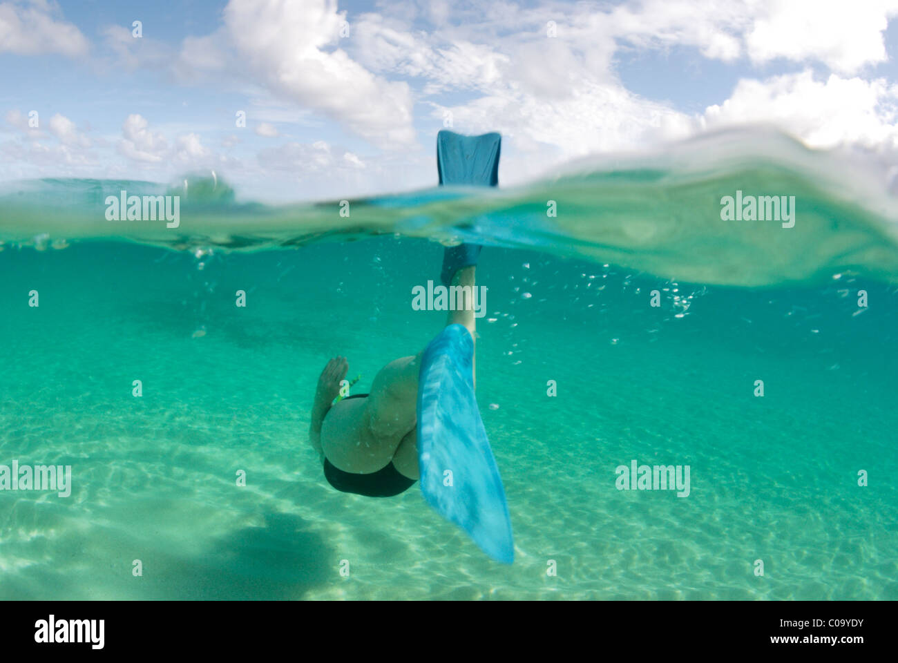 Applying Frauen in einem Stück Schwimmen Anzug Schnorcheln über Sandy am tropischen Strand. Ha'apai Gruppe, Tonga. Süd-Pazifik. Stockfoto