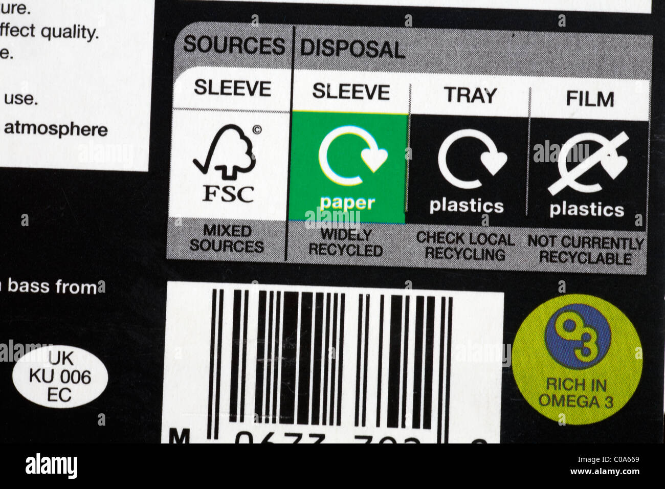 Informationen zur Entsorgung auf der Rückseite der Lebensmittelverpackung – Symbol für das Recycling-Recycling-Logo Stockfoto