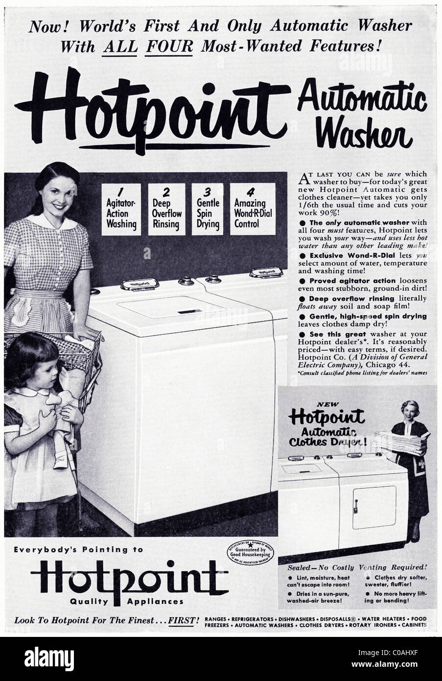 Original 1950er Jahre ganzseitige Anzeige in der amerikanischen Verbraucher-Magazin für HOTPOINT Waschmaschine Stockfoto