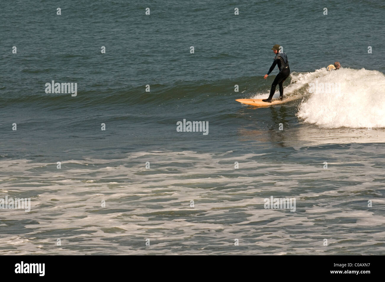 Surfer im Neoprenanzug aus Beavertail am Ende von Jamestown Rhode Island Stockfoto