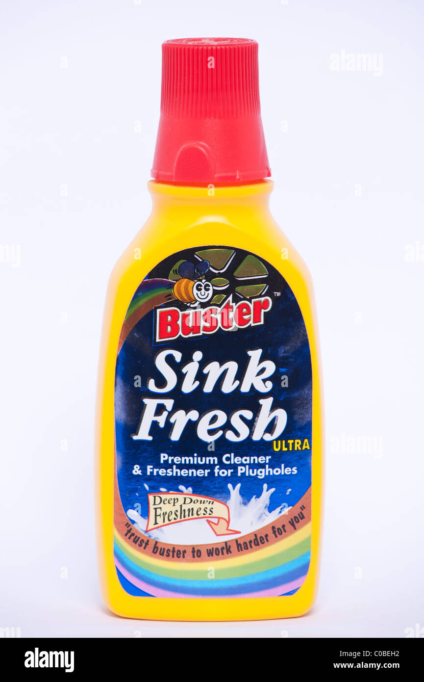 Eine Flasche Buster sinken frische Reiniger auf weißem Hintergrund Stockfoto
