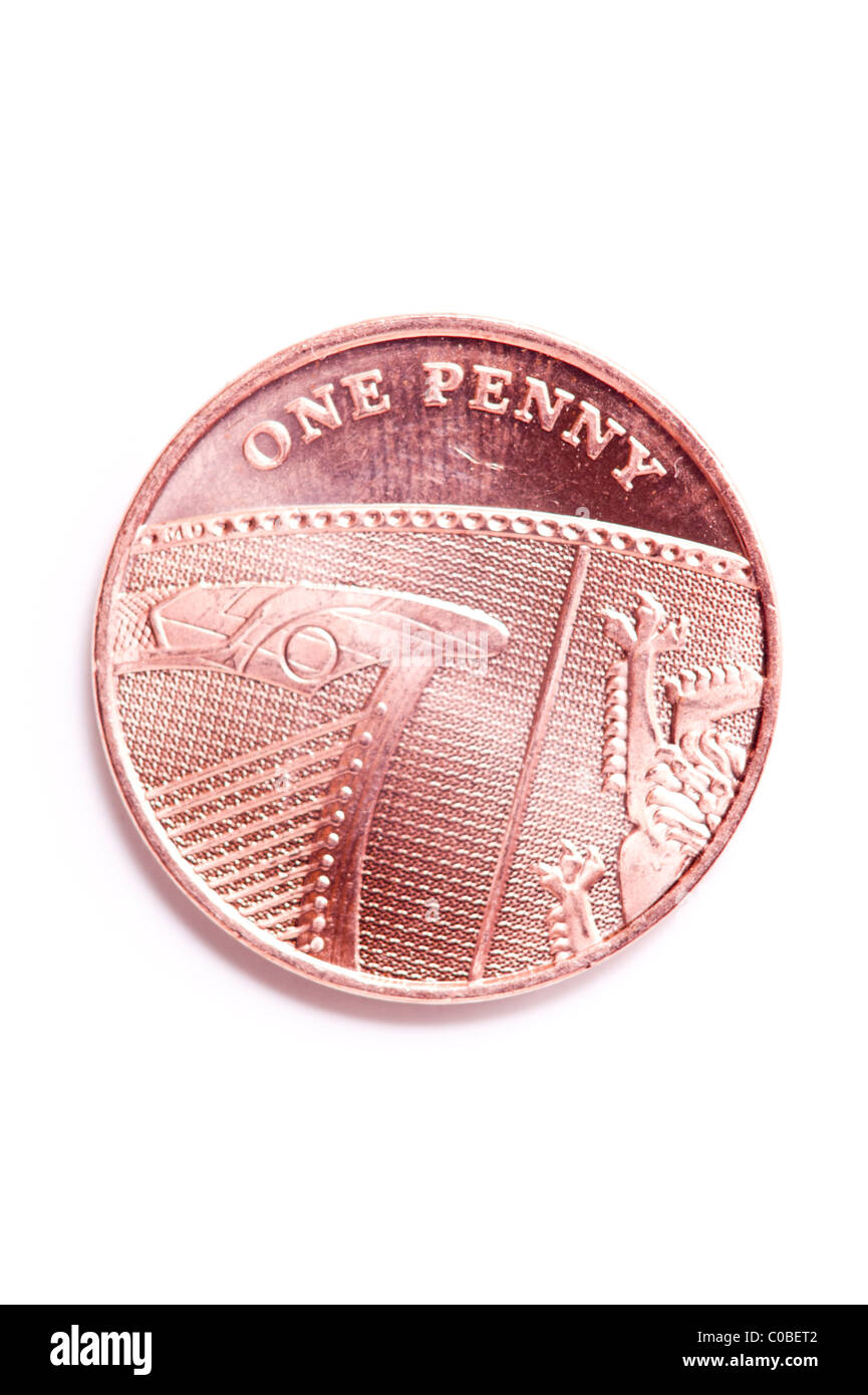 Ein Pence 1 p Münze von englischen Währung auf weißem Hintergrund Stockfoto