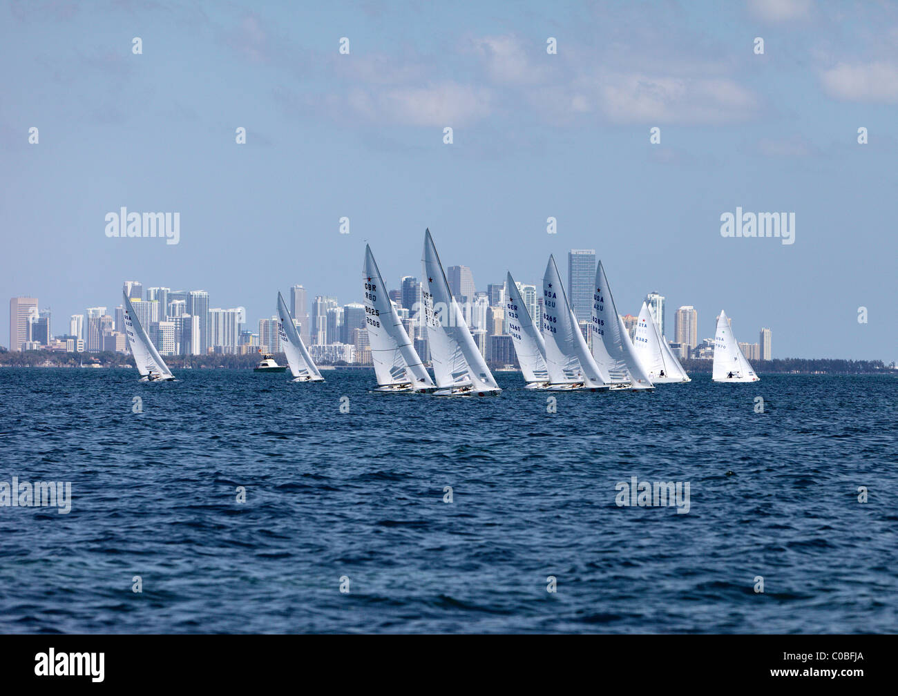 Sterne Klasse Segelboot Rennen auf Biscayne Bay, vorbei an der Skyline von Miami Stockfoto