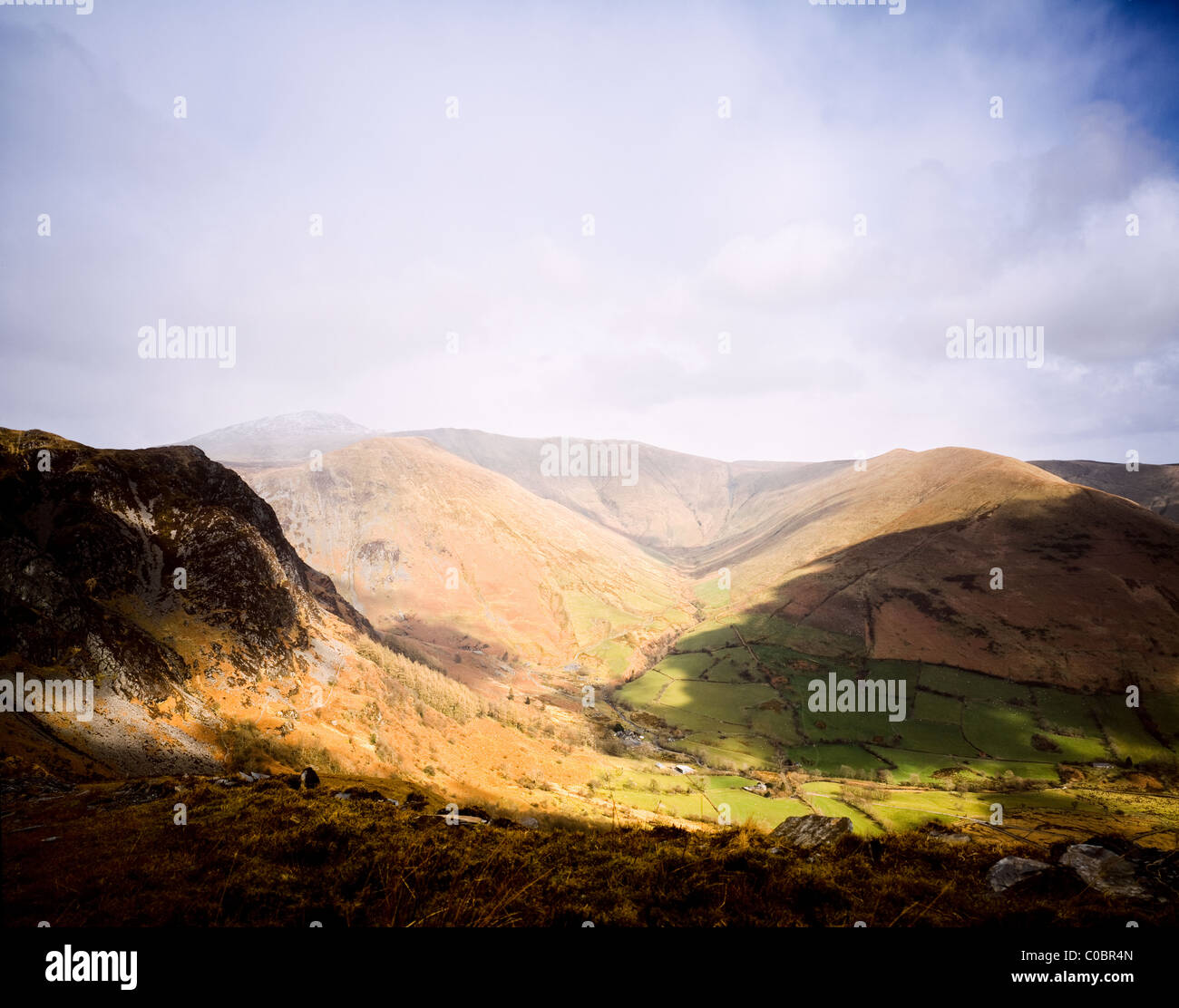 Blick über Cwm Cywarch, Arran Fawddwy.  Snowdonia-Nationalpark. Stockfoto