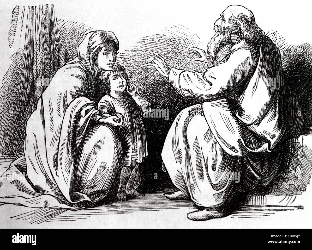Hannah, die Matronenmutter von Samuel Old, gab ihren Sohn an Hohepriester Eli im Tabernakel Testament und Nevi'im Stockfoto