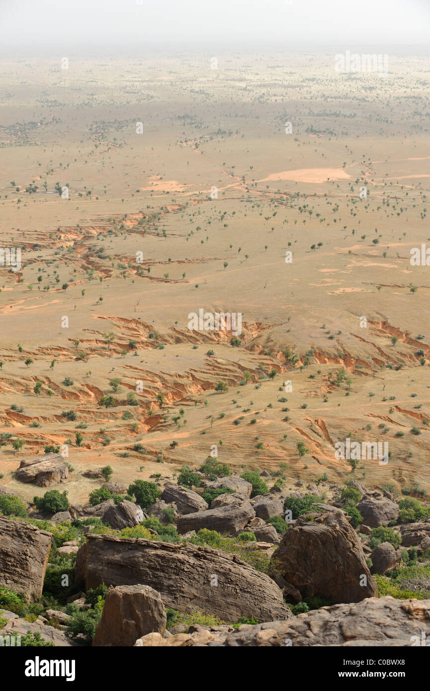 Gully Erosion auf der Gondo-Ebene, auf der Ostseite des zahlt Dogon, gesehen vom Youga-Plateau. Mali. Stockfoto