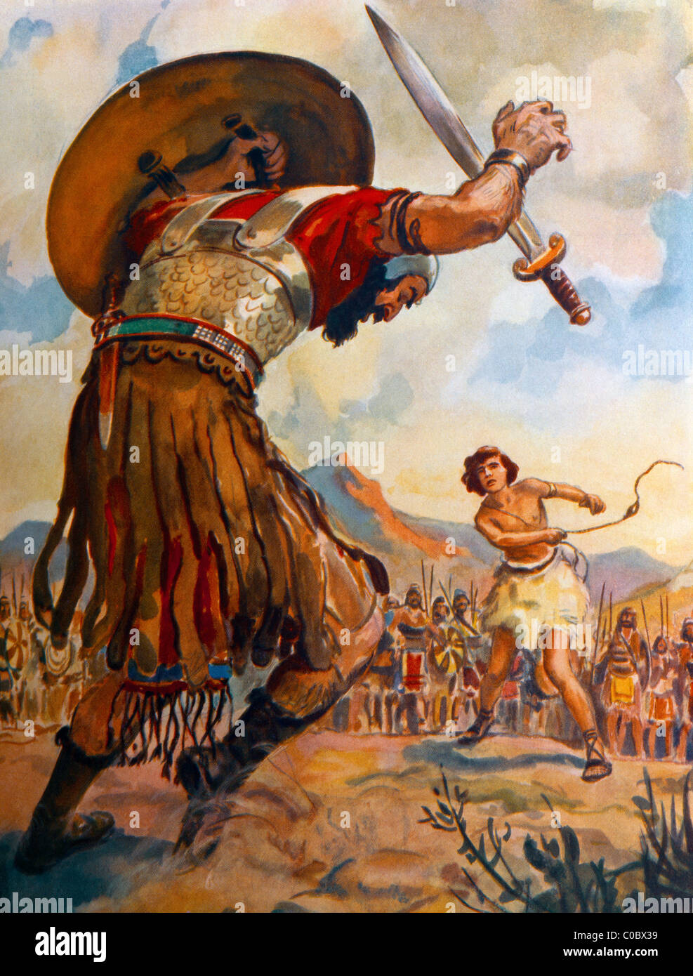 Der Riese Goliath stürzt auf den Boden Gemälde von Henry Coller Bibelgeschichte aus dem Alten Testament und Nevi'im Stockfoto