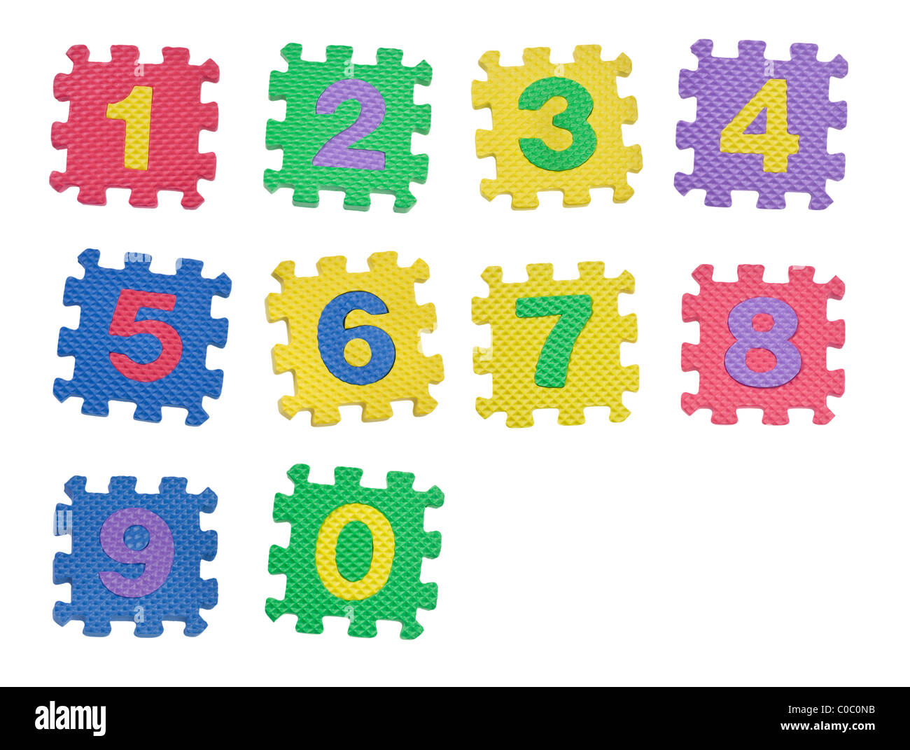 Nummernblöcke von 0 bis 9, die isoliert auf weißem Hintergrund Stockfoto
