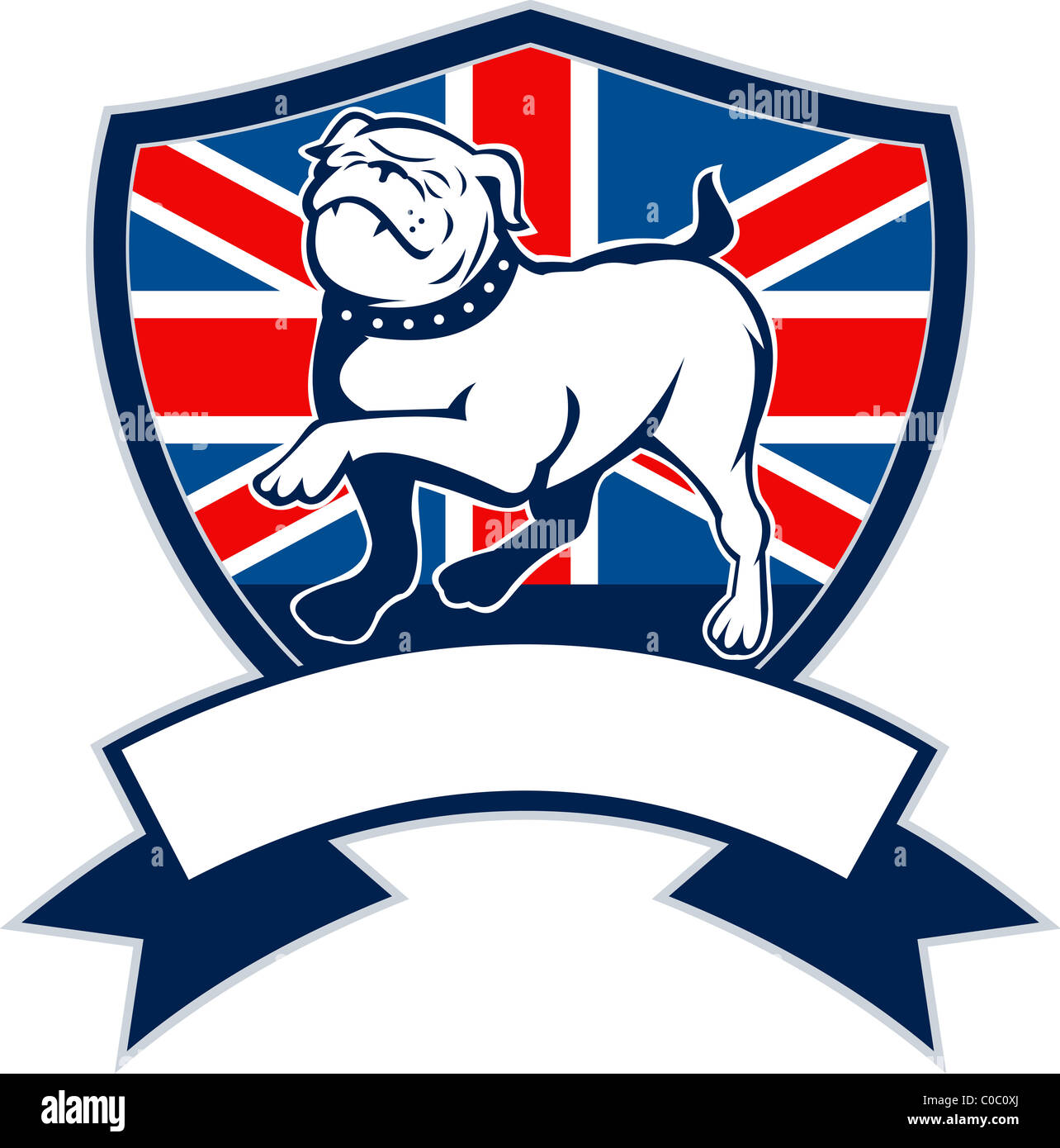Stolze englische Bulldogge marschieren mit Großbritannien oder britische Flagge im Hintergrund im Inneren einer Schild-Abbildung Stockfoto