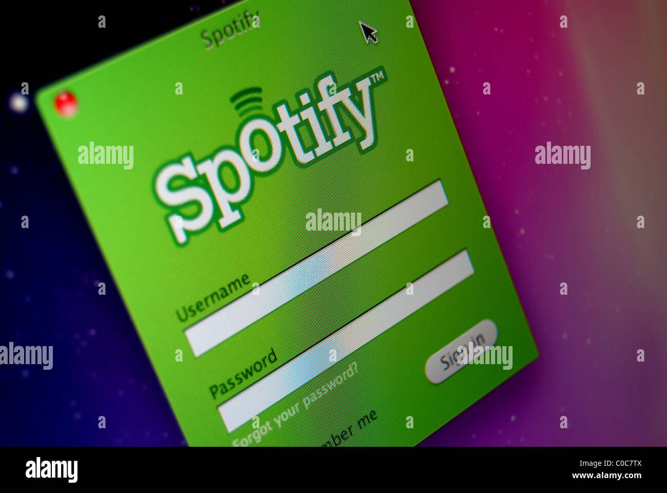 Foto von der Spotify Musik-Streaming-Login auf dem Desktop eines Apple MacBook mit OS X Snow Leopard Stockfoto