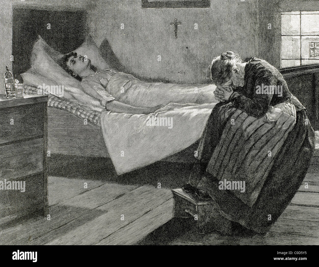 Alte Frau am Bett eines kranken Angehörigen beten. Gravur in "Die künstlerische Illustration", 1903. Stockfoto