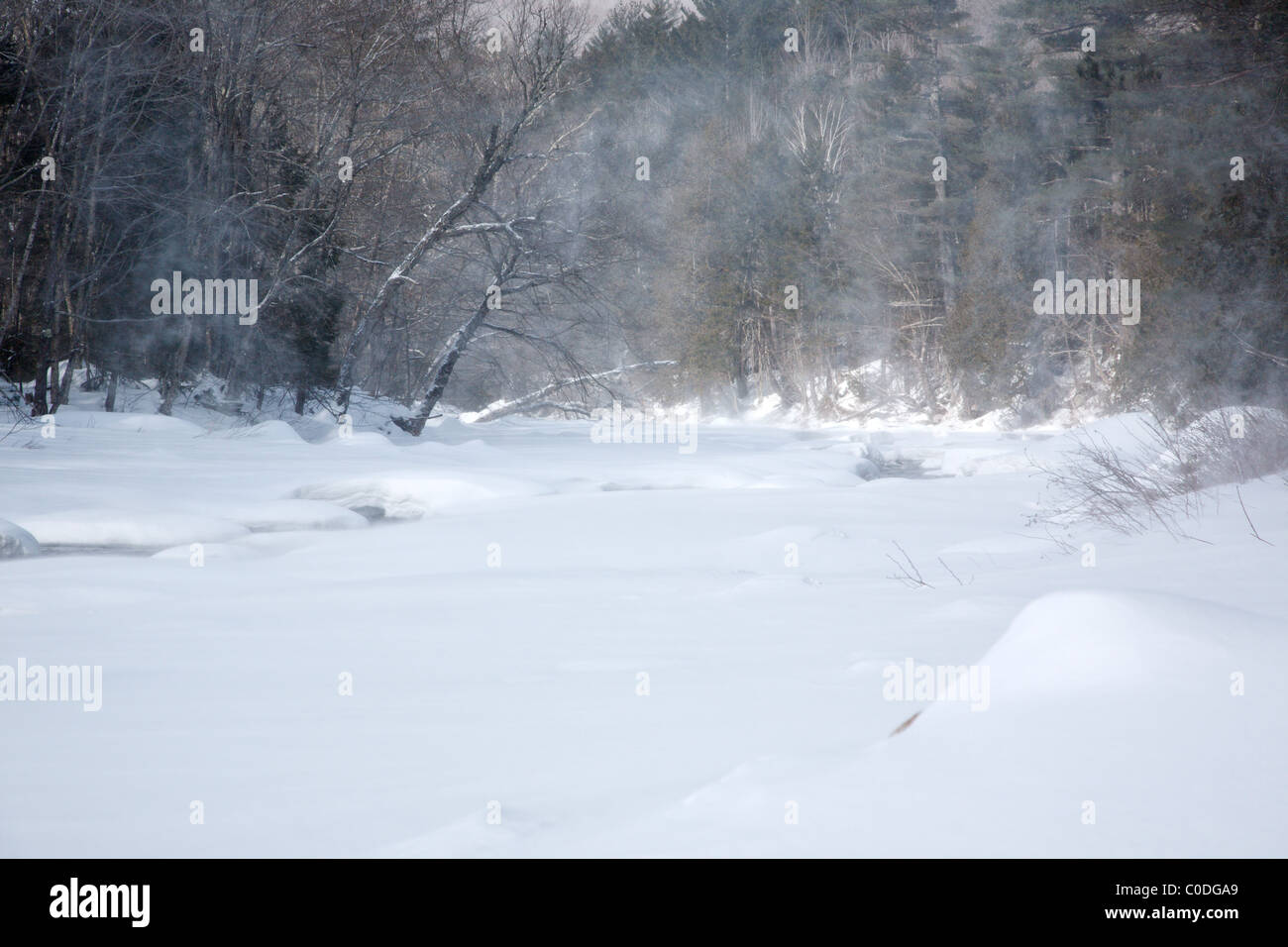 Starke Winde Schlag Schnee über die East Branch der Pemigewasset River in der Pemigewasset Wildnis von Lincoln, New Hampshire Stockfoto