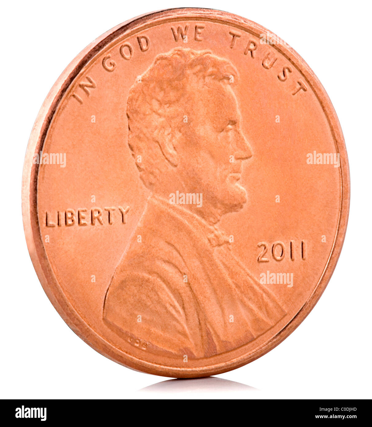 2011 US 1 Cent Kupfer Penny isoliert auf weiß Stockfoto