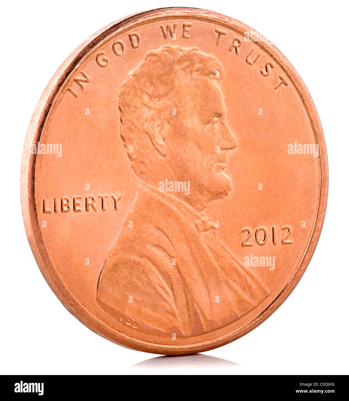 2012 US 1 Cent Kupfer Penny isoliert auf weiß Stockfoto