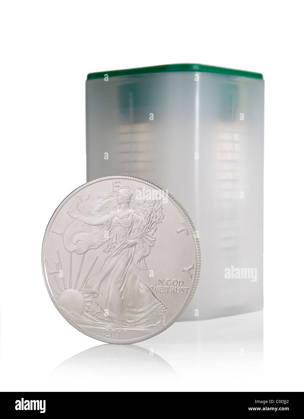 20 Münztube und einem einzigen 2011 Walking Liberty U.S. Eagle Silbermünze Stockfoto