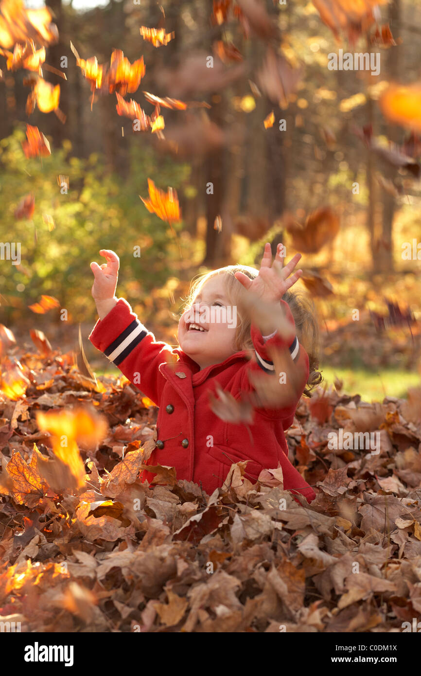 Kleine Mädchen spielen im Herbst Blätter Stockfoto