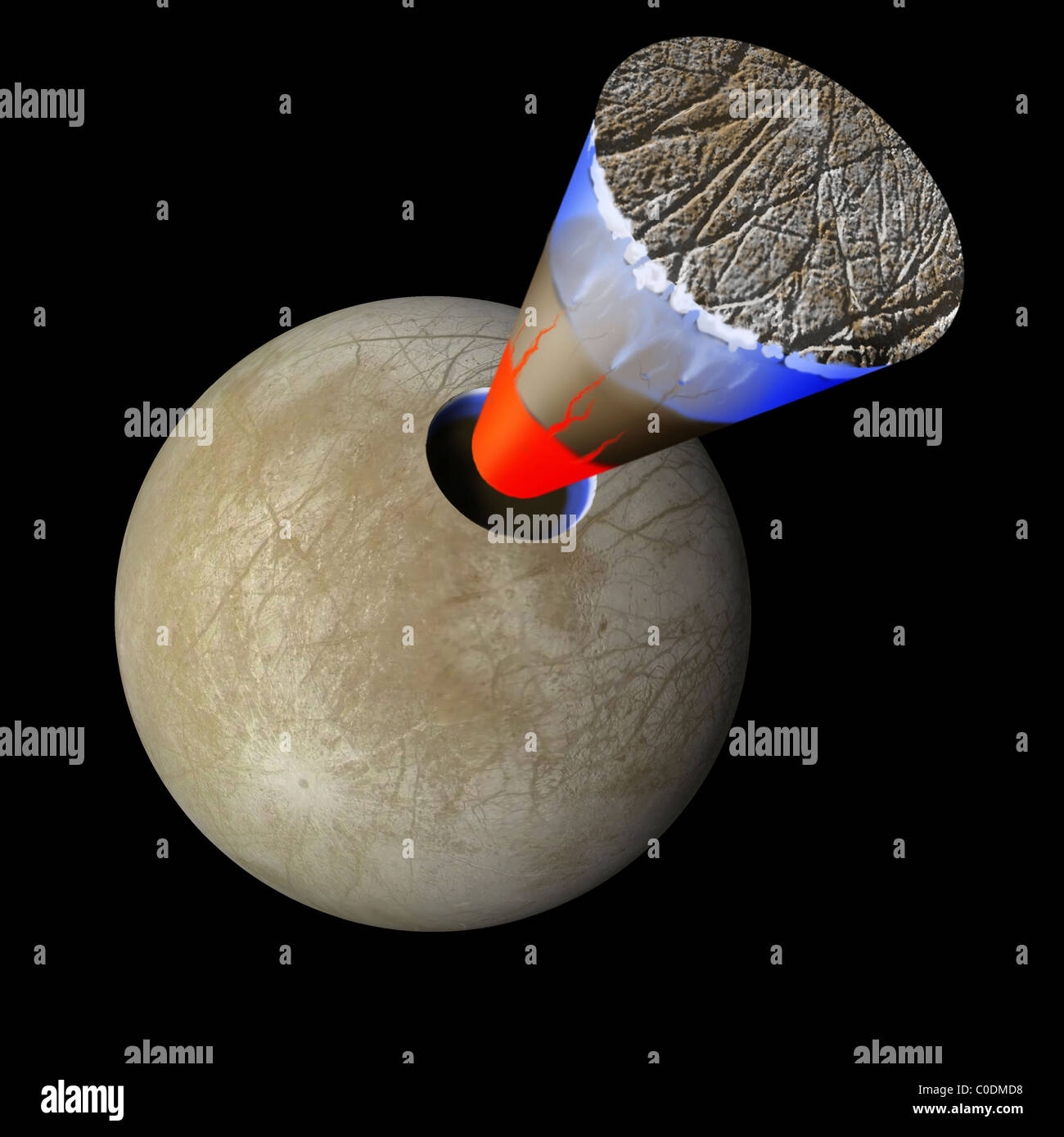 Eine schematische Darstellung zeigt die Schichten der Europa: eine Eiskruste unter dem kann flüssiges Wasser und eine solide, heißen Kern liegen. Stockfoto