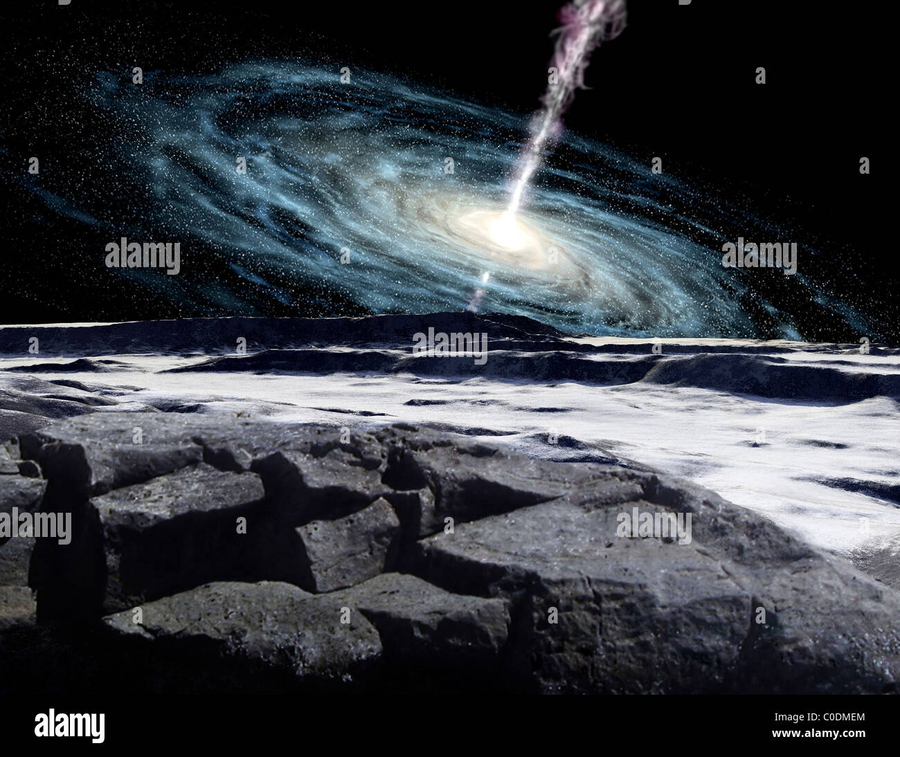 Einige Galaxien sind kraftvoll aktive Kerne, die Jets von Energie ausstrahlen. Stockfoto