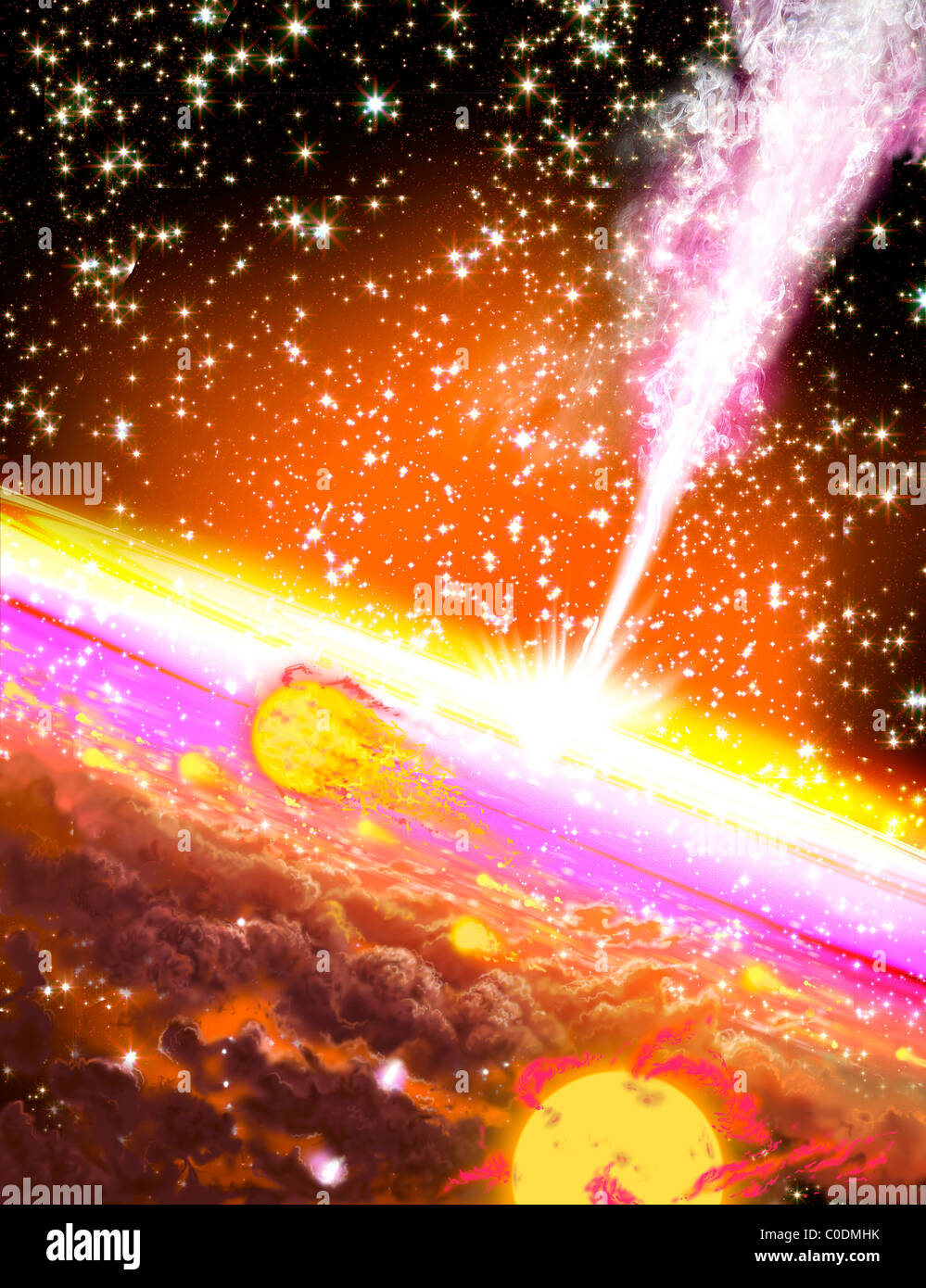 Ein riesiges Schwarzes Loch im Zentrum einer Galaxie verschlingt ganze Sterne, die zu nahe, es zu wagen. Stockfoto