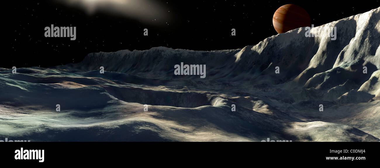 Großen Jupitermond, Callisto, ist eine eisige Welt. Viele steile Klippen, Steilhänge, Kreuz und quer durch seine Oberfläche genannt. Stockfoto