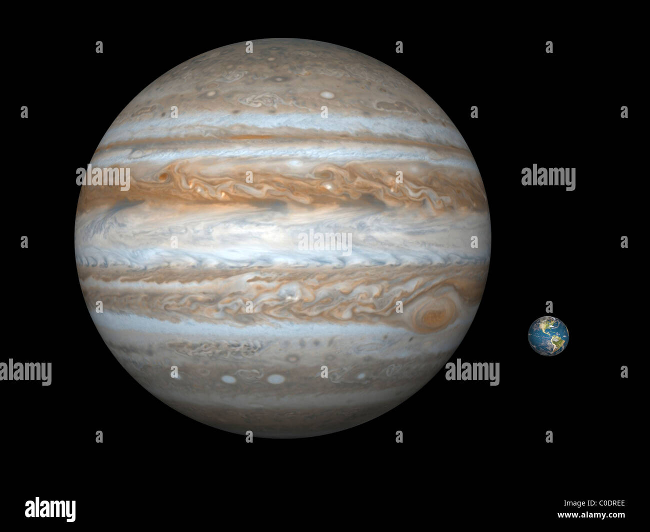 Künstlers Konzept einen Vergleich der Größe des Gases riesigen Jupiter mit der Erde. Stockfoto