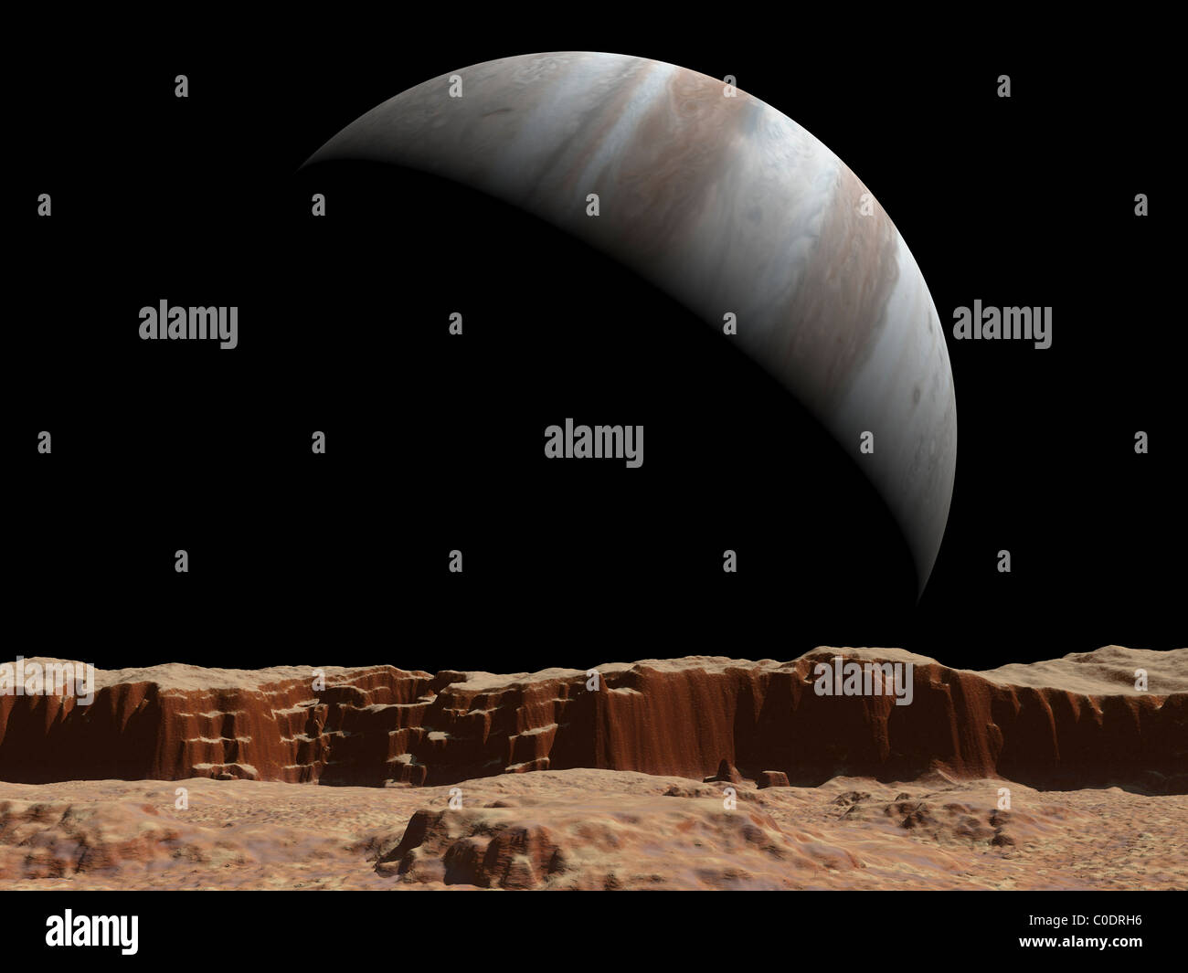 Künstlers Konzept einer Ansicht in Richtung Jupiter über die Oberfläche von Io. Stockfoto