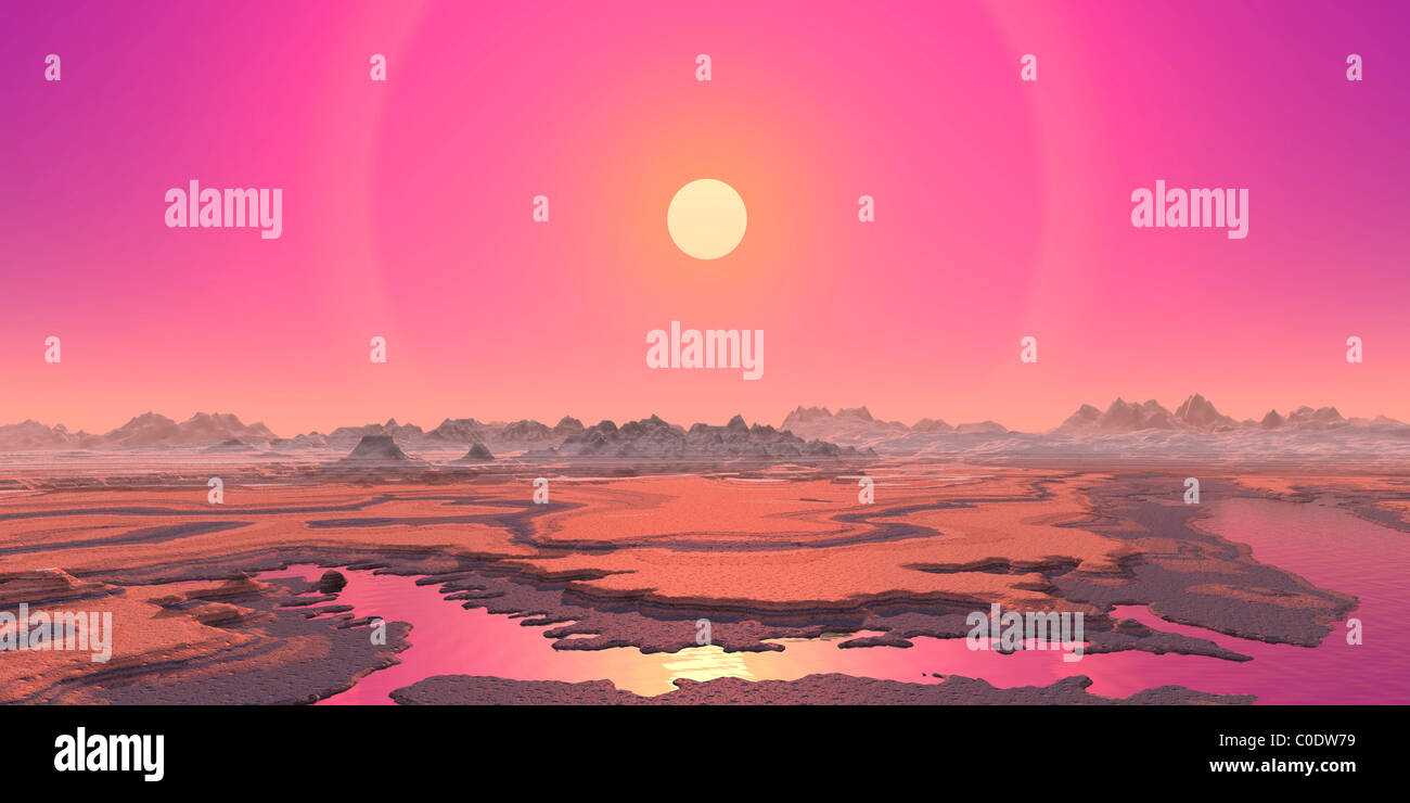 Künstlers Konzept eines roten Riesen über eine hypothetische Planeten. Stockfoto