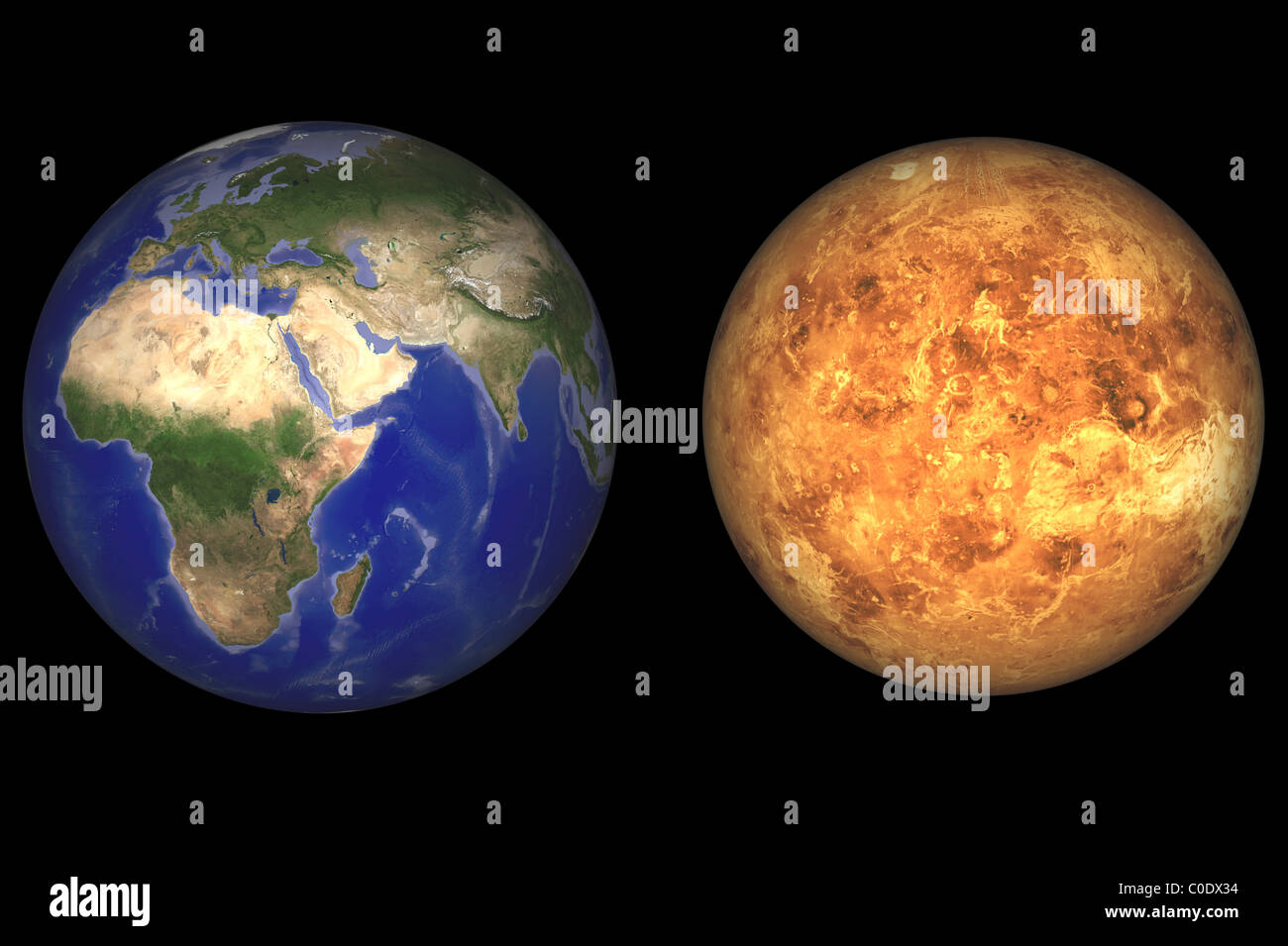 Künstlers Konzept zeigen, Erde und Venus ohne ihre Atmosphären. Stockfoto