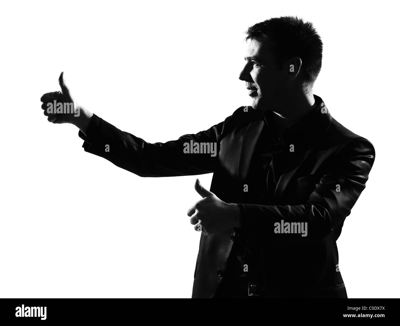 Silhouette kaukasischen Business Mann Daumen nach oben mit dem Ausdruck gewinnen Verhalten in voller Länge auf weißem Hintergrund Studio isoliert Stockfoto