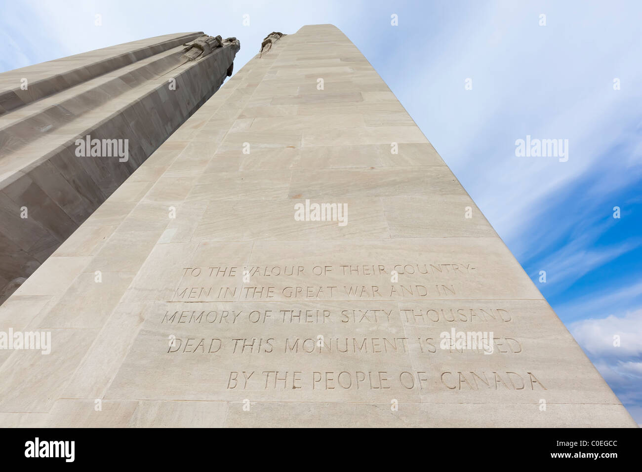 Inschrift auf dem Vimy Ridge ersten Weltkrieg Denkmal nationalen historischen Ort von Kanada Frankreich Stockfoto